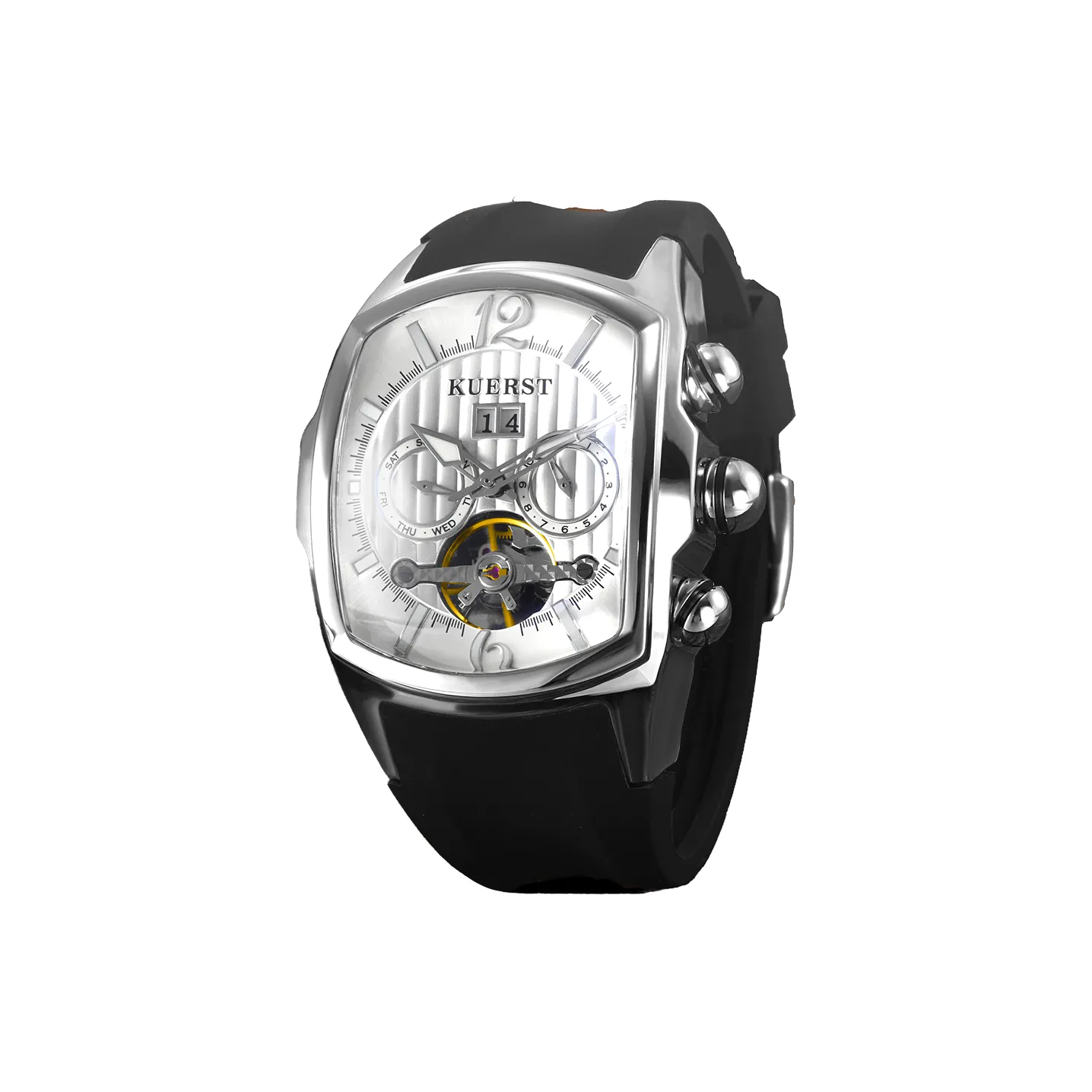 KUERST Автоматический Механический Механизм Резиновый Ремешок Часы Мужские Черный Циферблат