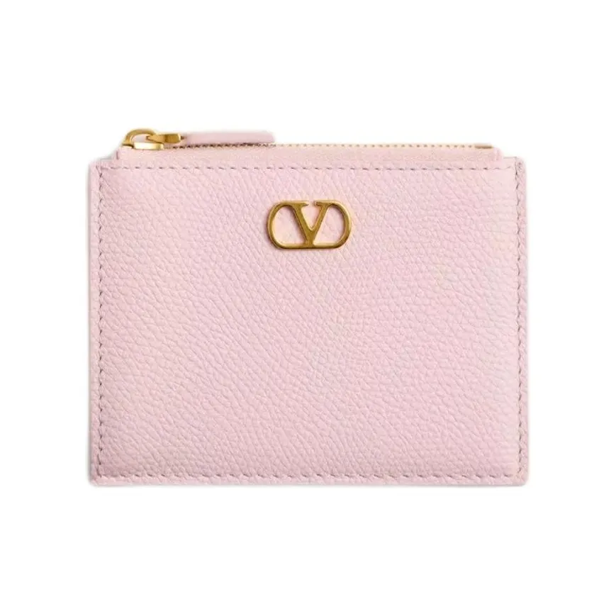 Valentino Vlogo Grained Calfskin Card Holder Women's Pink Crystal