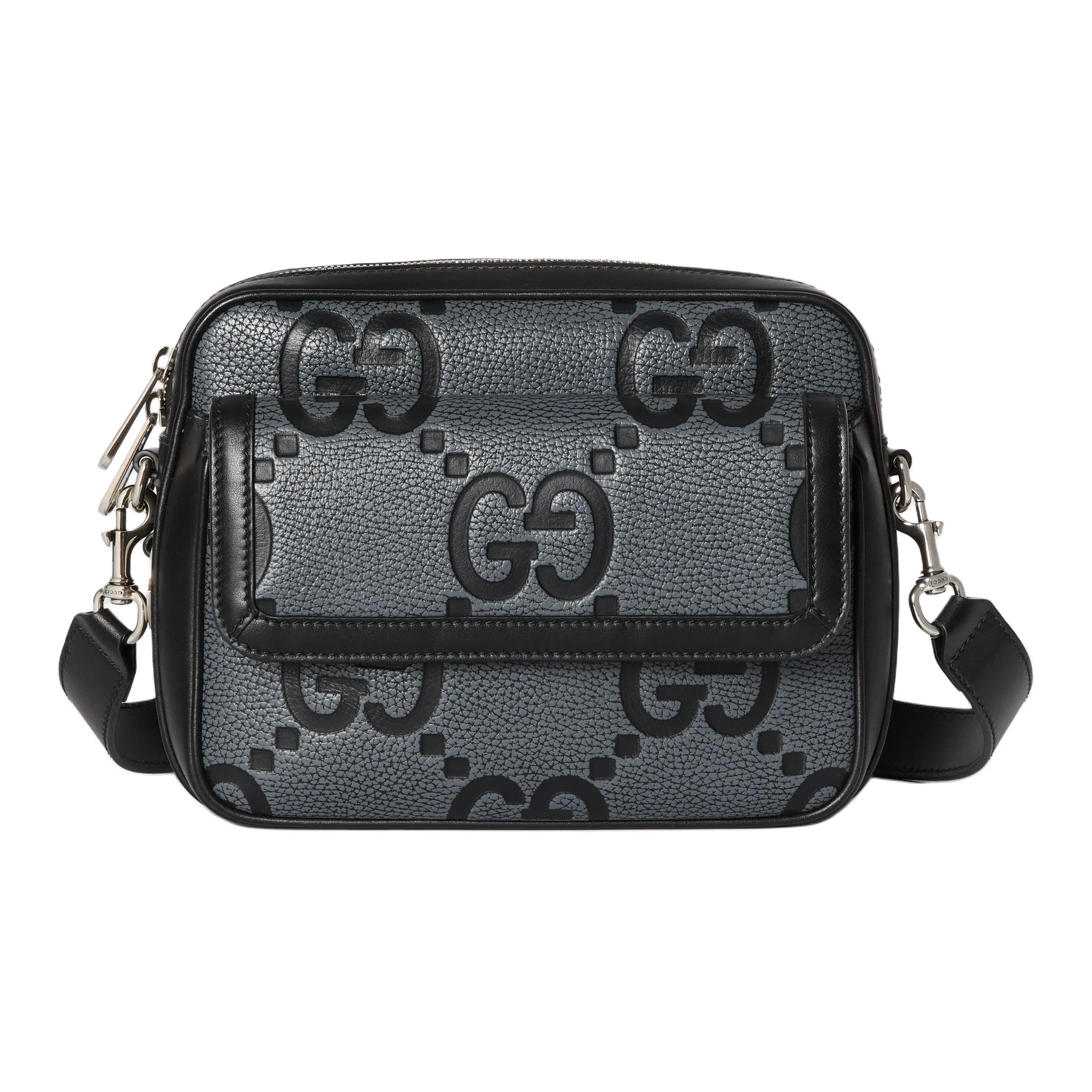 GUCCI Jumbo GG Grained Leather Crossbody Bag Shoulder Bag Small Size Men's Gray & Black