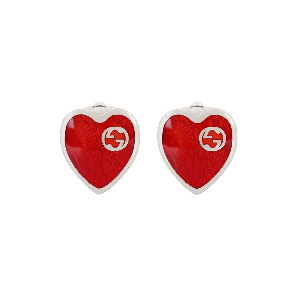 GUCCI GG 925 Sterling Silver Stud Earrings Women's Red