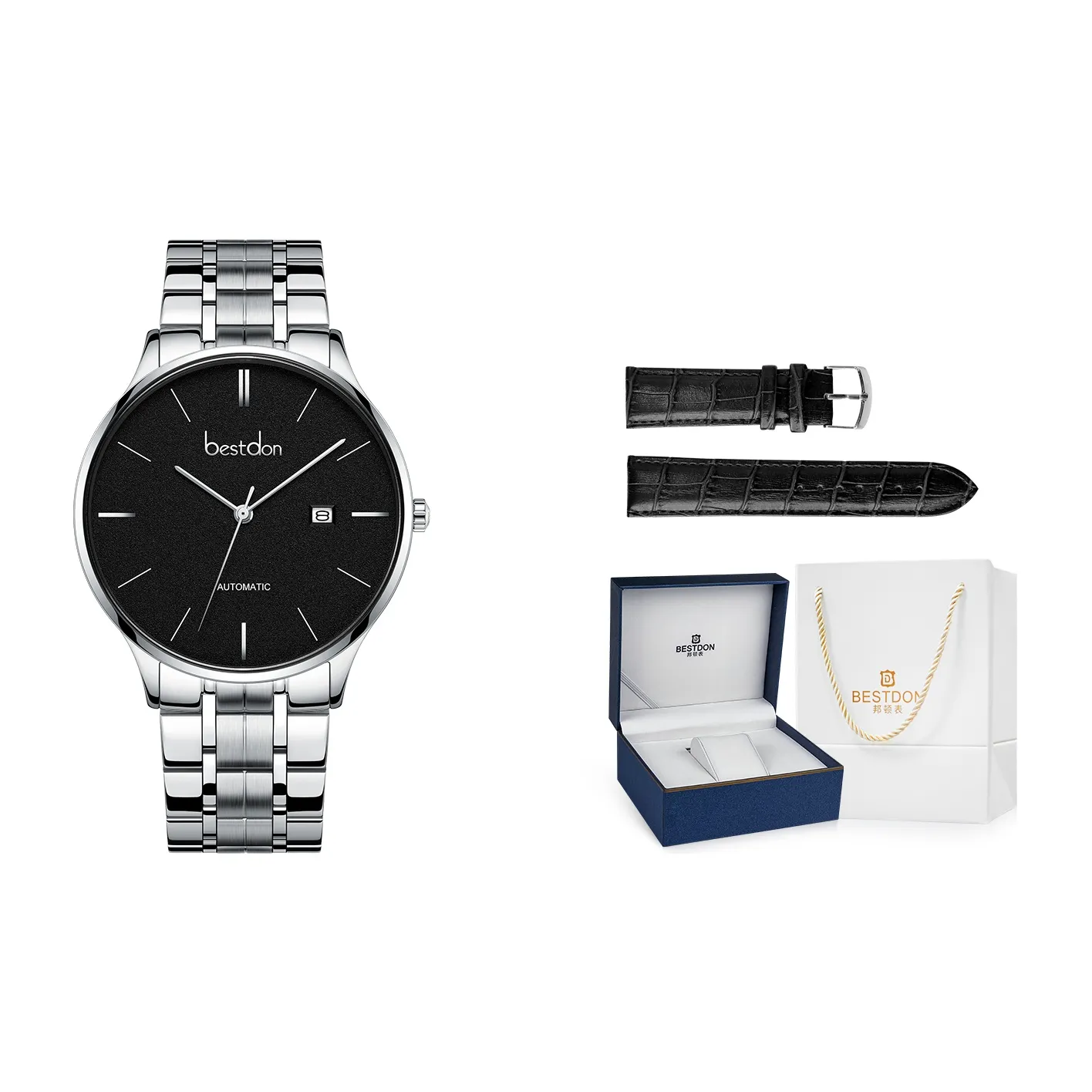 Bestdon Автоматический Механический Механизм Нержавеющая Сталь Ремешок Часы Мужские Черный Циферблат