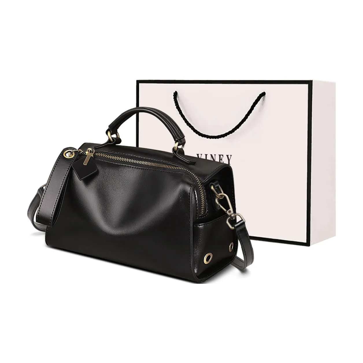 VINEY Корова Кожа Одно Плечо Через Плечо Сумка Средний Женский Классический Черный