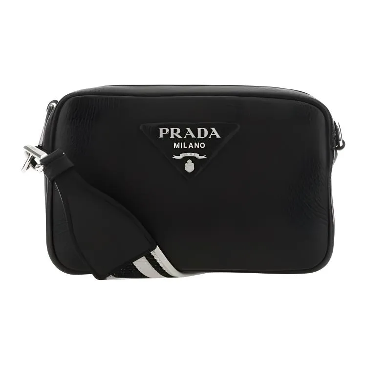 PRADA Pebbled Leather Camera Bag, Shoulder Bag, Crossbody Bag Trumpets Women's Black