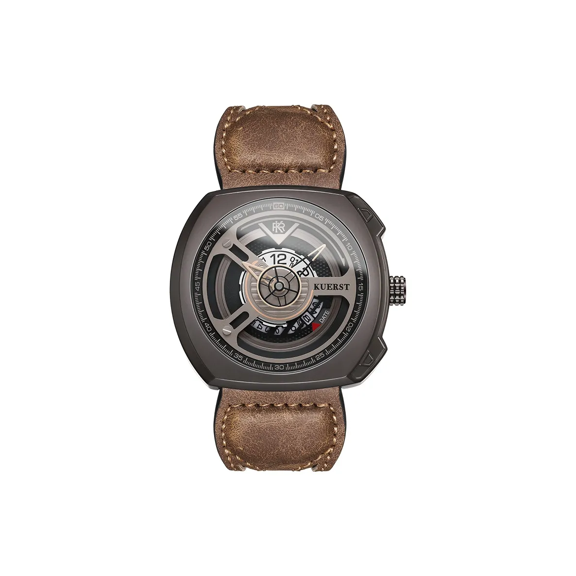 KUERST Кварцевый механизм кожаный ремешок мужские часы черный циферблат