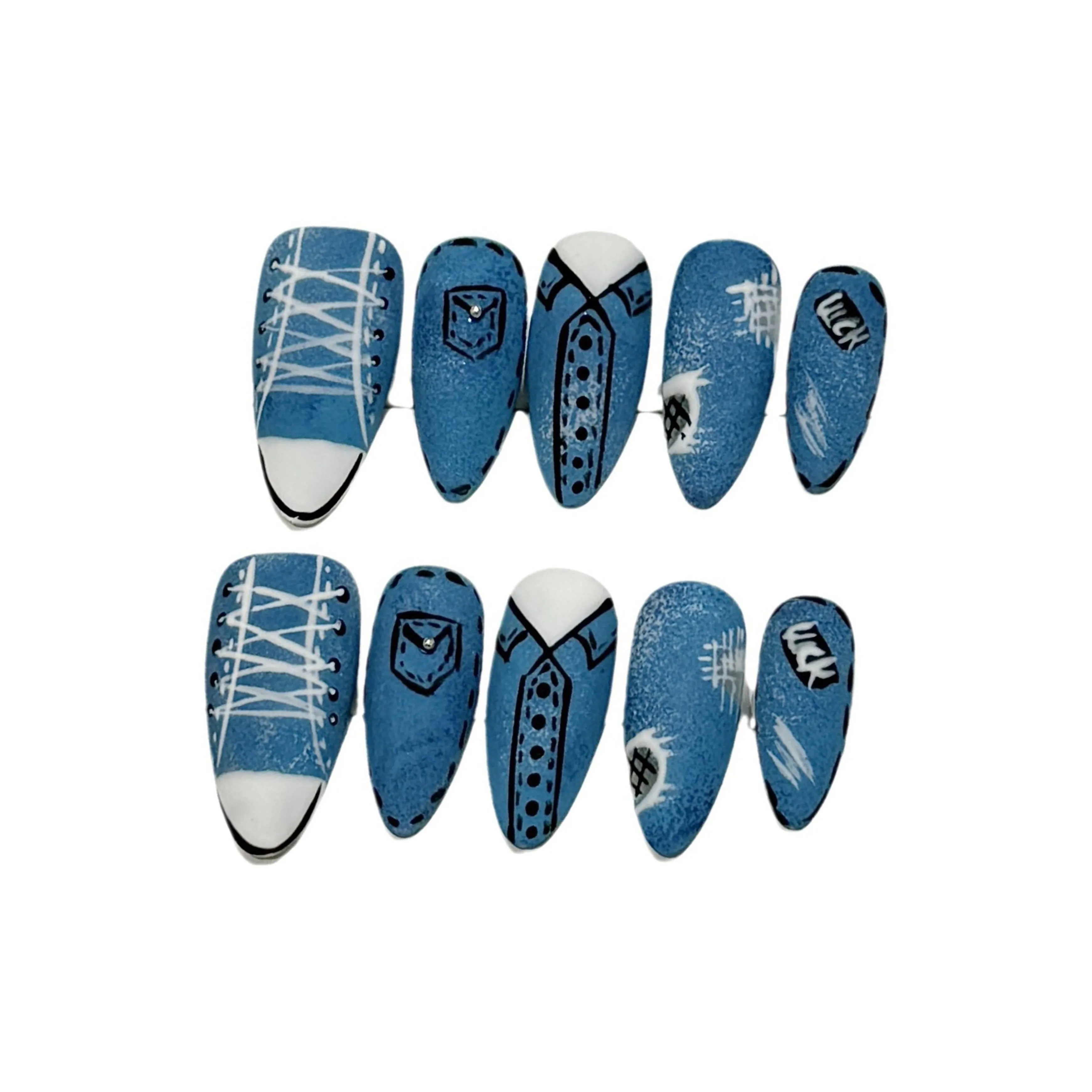 Song Biography Синий Кеды Одежда HAND DRAWN Линия Детский Веселье Осветляющий Лак для ногтей 25mm Миндаль