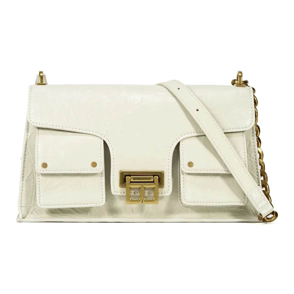BOSSSUNWEN Cow Leather Crossbody Bag, Shoulder Bag Casual Commute Banquet Women's Ecru/Black