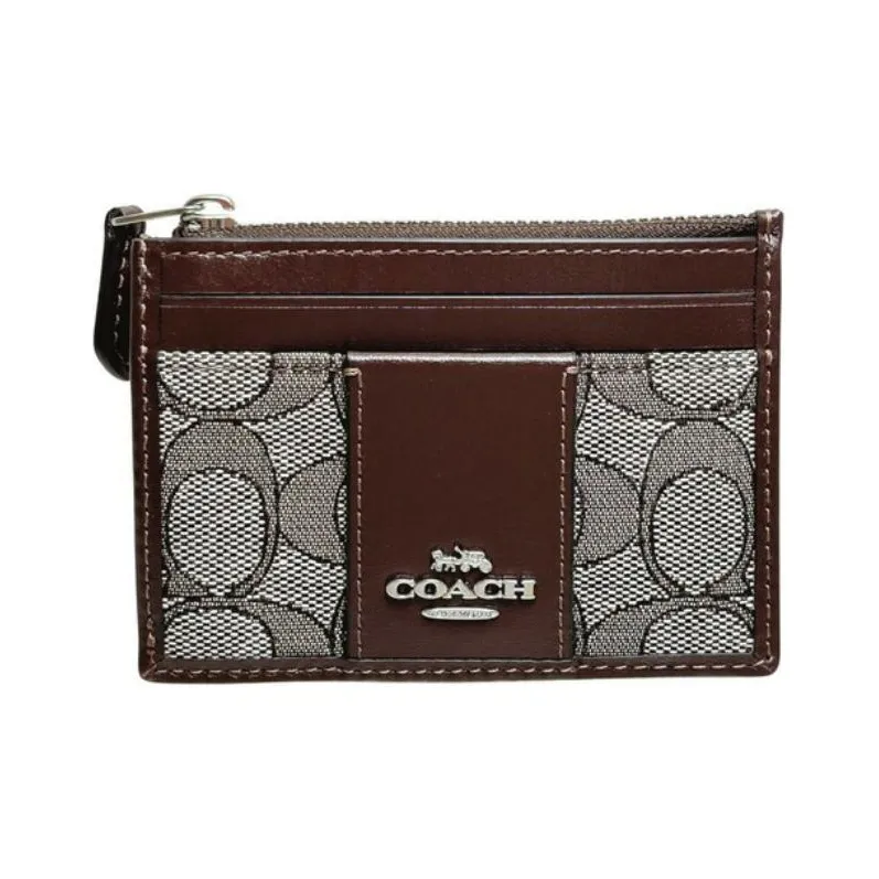 COACH Mini Id Skinny Leather Wallet, Card Holder Mini Women's Silver & Oak & Maple