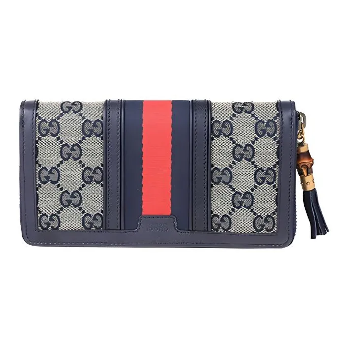 GUCCI Canvas With Leather Long Zip Closure Wallet Women's Greige/Dark Blue