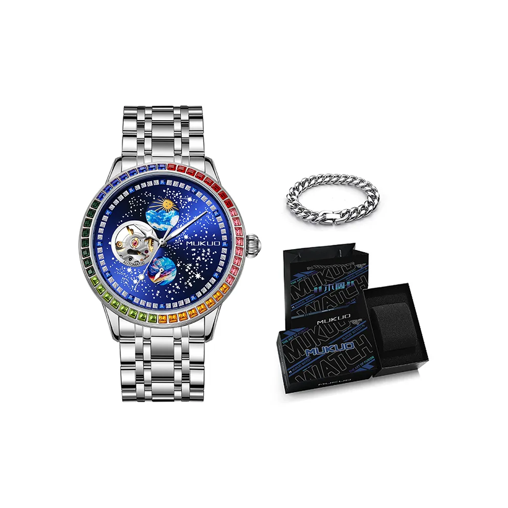 MUKUO Sea of stars Автоматический механический механизм ремешок из нержавеющей стали мужские часы синий циферблат