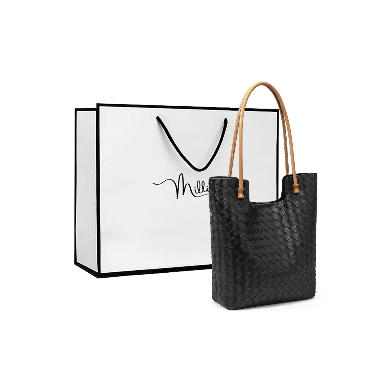 MILLIE'S Cow Leather With Synthetic Leather Handbag, Shoulder Bag, Bucket Bag Large Size Women's Black, Beige