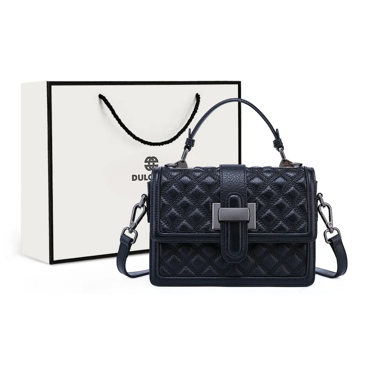 DULOREN Cow Leather Crossbody Bag, Handbag Medium Size Women's Black/White