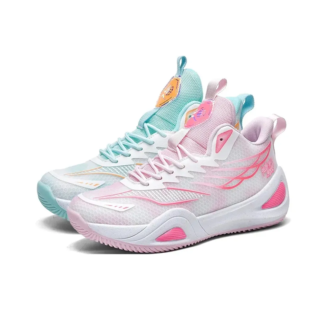 BIANSULONG Cushioned Slip Resistant Breathable High Top Basketball Shoes Unisex Pink And Cyan Mismatched