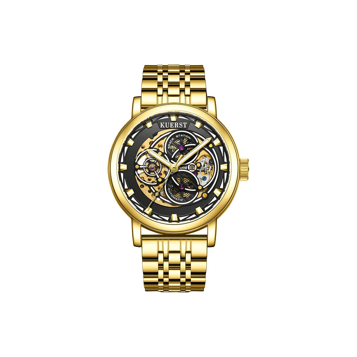 KUERST Автоматический Механический Механизм Стальной Ремешок Часы Мужские Золотистый Циферблат