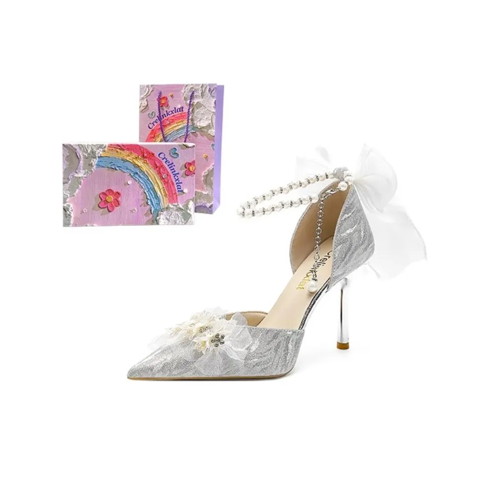Crelinkxlat [Glazed Star] Pearl Bowknot Crystal Wedding Shoes High Heels Women's