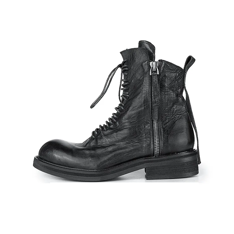 HUANXIANGZHE Оригинальный дизайн платформа высокий топ круглый носок натуральная кожа молния ботинки-мокасины унисекс черный