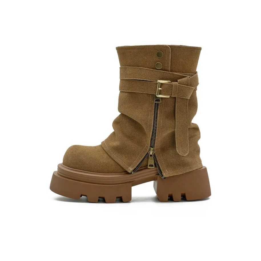 Little Sue Trendy, Versatile, British Style, Vintage, Slimming Hot Girl Foldover Boots Layered Ankle Boots Women's