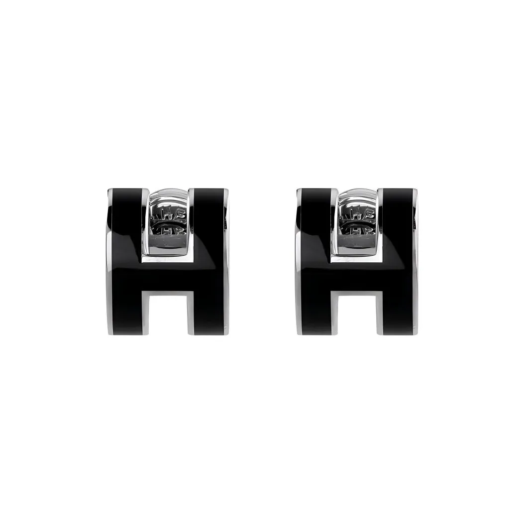 HERMES Alloy Stud Earrings Women's Black Silver Trim