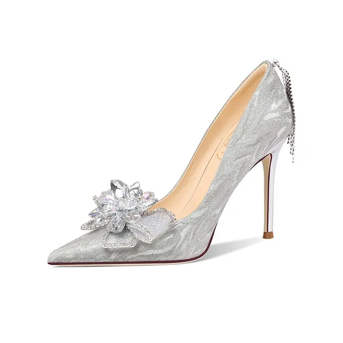 LOLY Fairy Style Bowknot Crystal Coming of Age Ceremony Wedding Shoes Slim Heel High Heels Silver