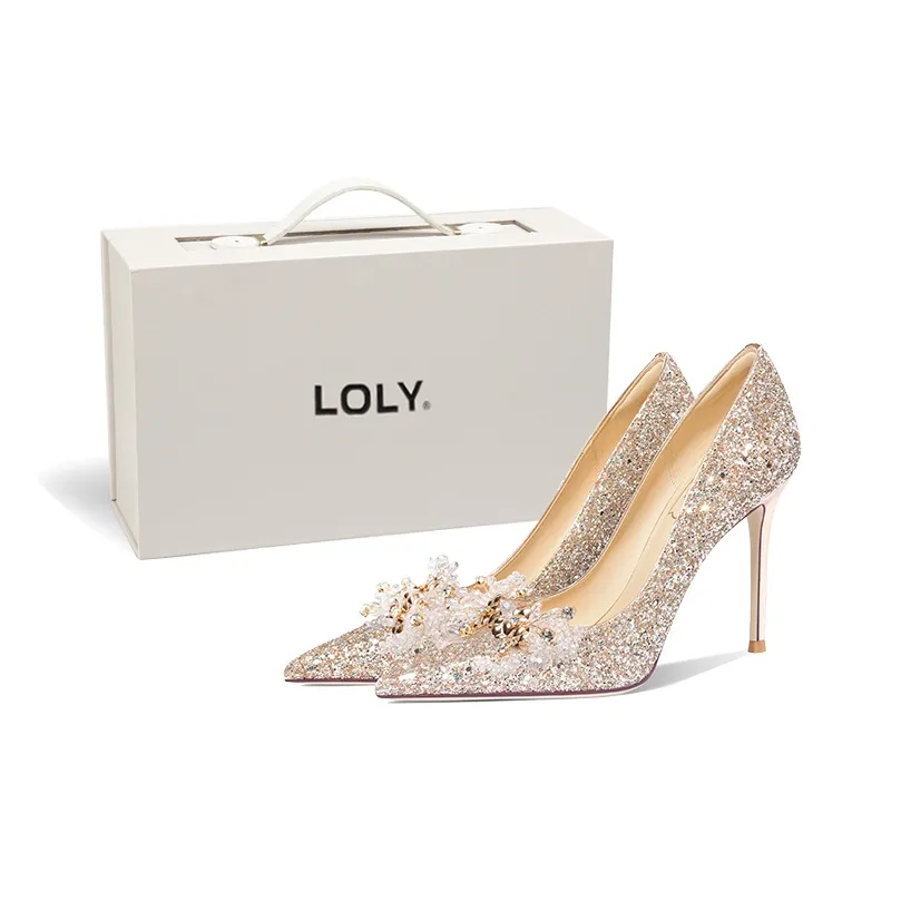 LOLY French Crystal Shoes Slim Heel High Heels Formalwear Shoes Women's Gold