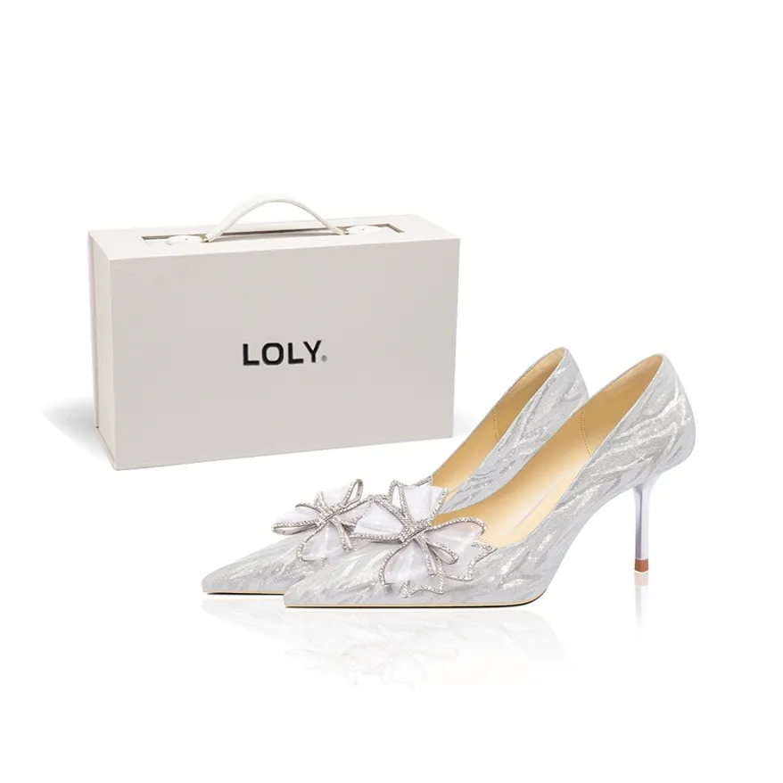 LOLY Fairy Style Bowknot Crystal Shoes Main Wedding Shoes Slim Heel High Heels Silver