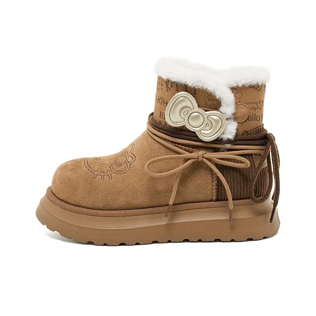 Санрио x OLD ORDER Hello Kitty Термостойкие Увеличивающие Высоту Противоскользящие Crew Сноубутсы Унисекс Каштановый