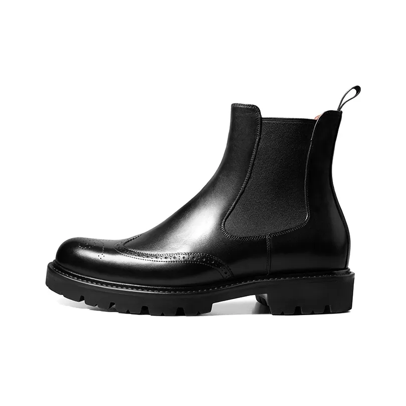THOM WILLS British Business Formal Brogue Embossed Leather Boots Chelsea Boots Men's Black