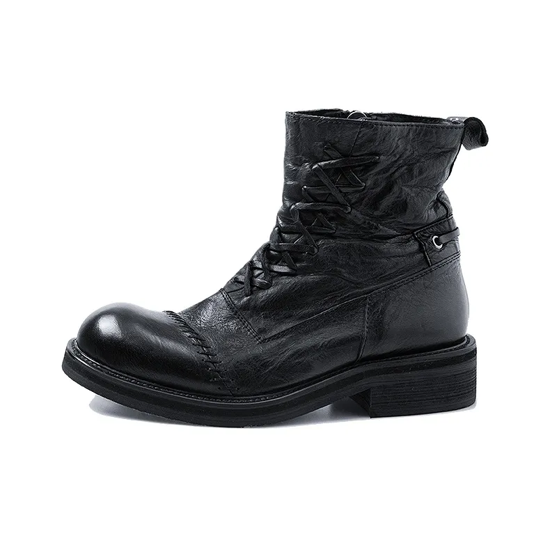 HUANXIANGZHE Круглый носок Высокий топ Повседневный Кожа Молния Мартинсы Унисекс Черный