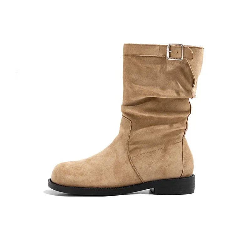 Old Meow Thick Heel And Sole Versatile Crew Stackable Boots Ankle Boots 3cm Women's Apricot