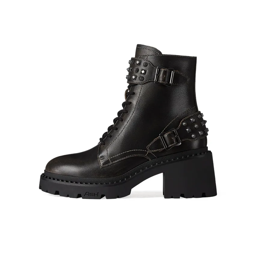 ASH NINJA Collection Chunky Heel Side Zipper Martin Boots Trendy Women's Black Bronze