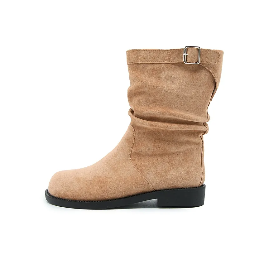 WESTLINK Круглый носок Американский винтаж Плиссированный Стиль пустоши PILE Ботинки Короткий MID Голень Рыцарь Ботинки Женские Коричневый