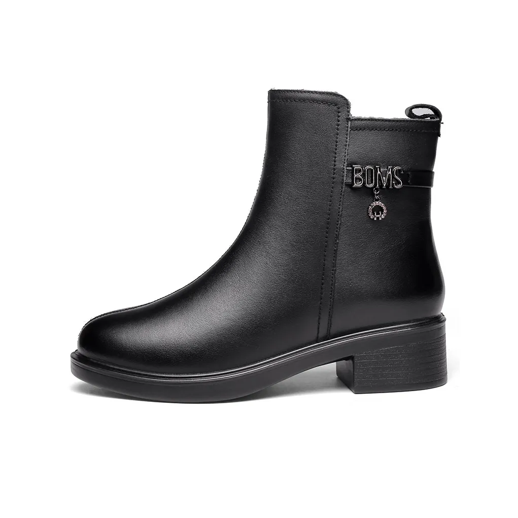 Strongman 3515 Women's Boots Winter Warm Wool Boots Cotton Lint Chunky Heel Cow Leather Ankle Boots