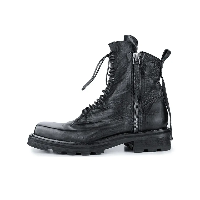 HUANXIANGZHE Коровья кожа Высокие топы Квадратный носок Натуральная кожа Молния Мартинсы Унисекс Черный