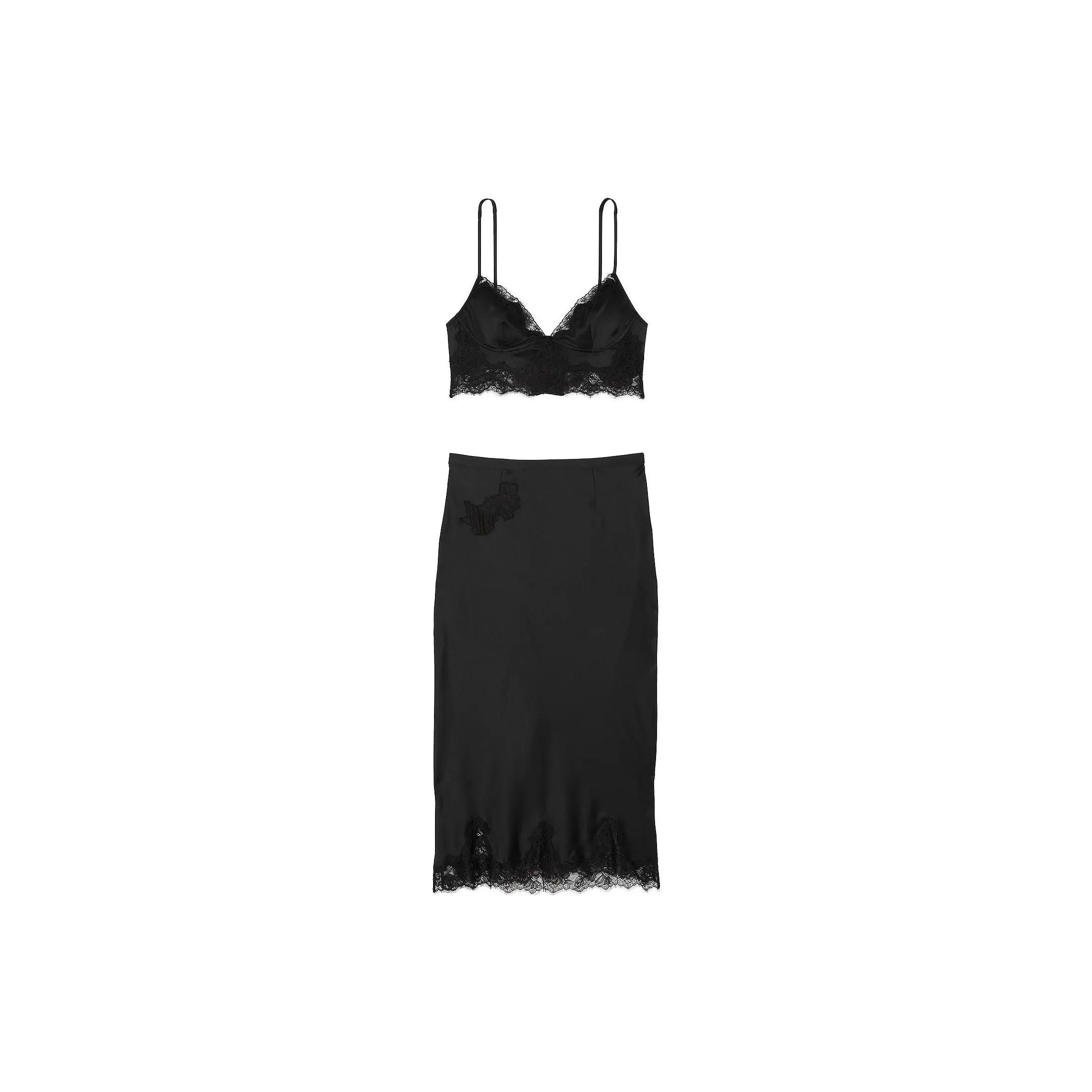Victoria's Secret Satin Rose Lace Trim Bralette & Midi Skirt Set/B Pajama Set Women's Black