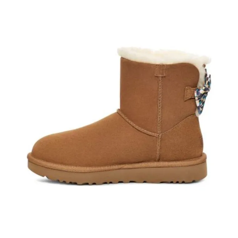 UGG Checkered Bow Short Snow Boots 'Brown' Women's