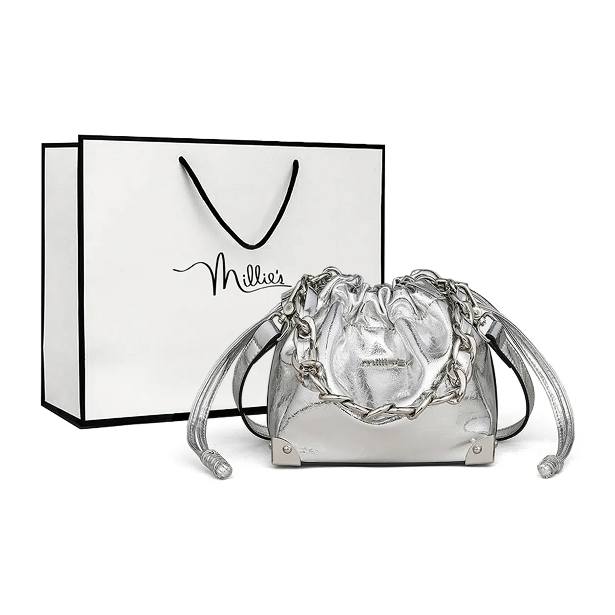 MILLIE'S Сумка из синтетической кожи ведрообразная сумка сумка под мышку сумка через плечо стандартная женский серебряный белый