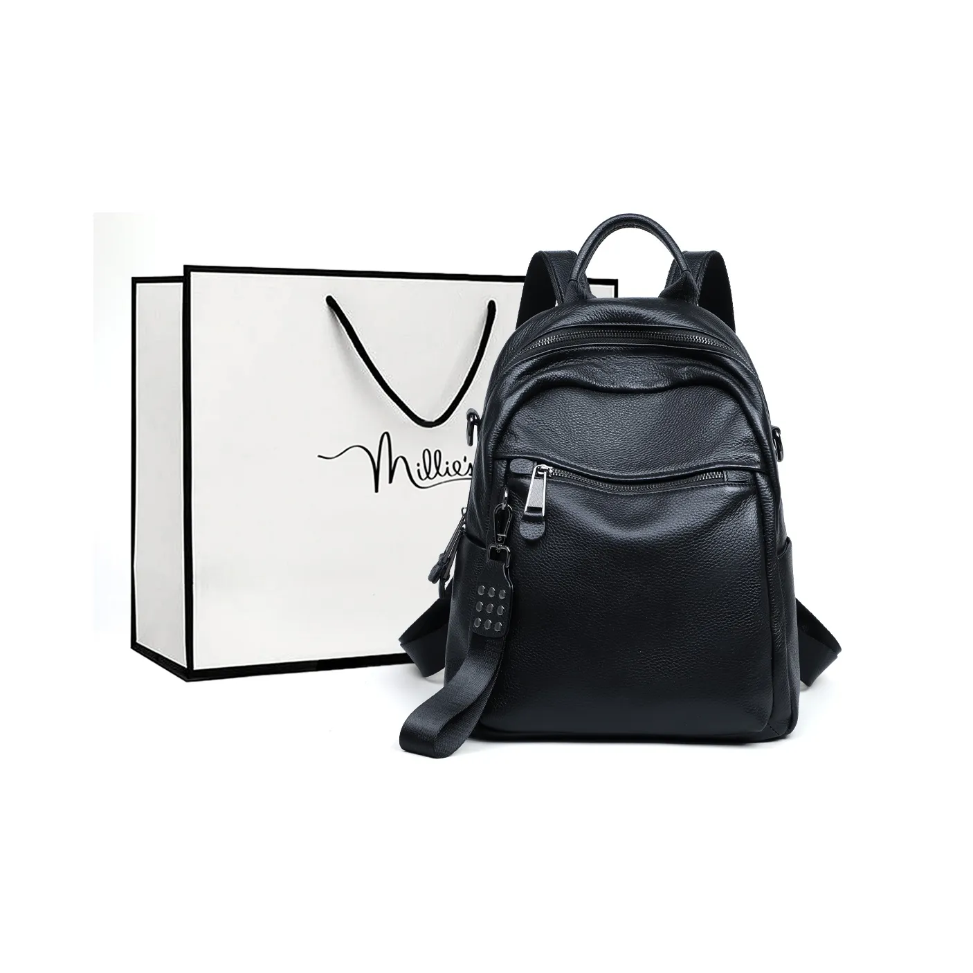 MILLIE'S Cow Leather With Synthetic Leather Backpack Regular Women's Black