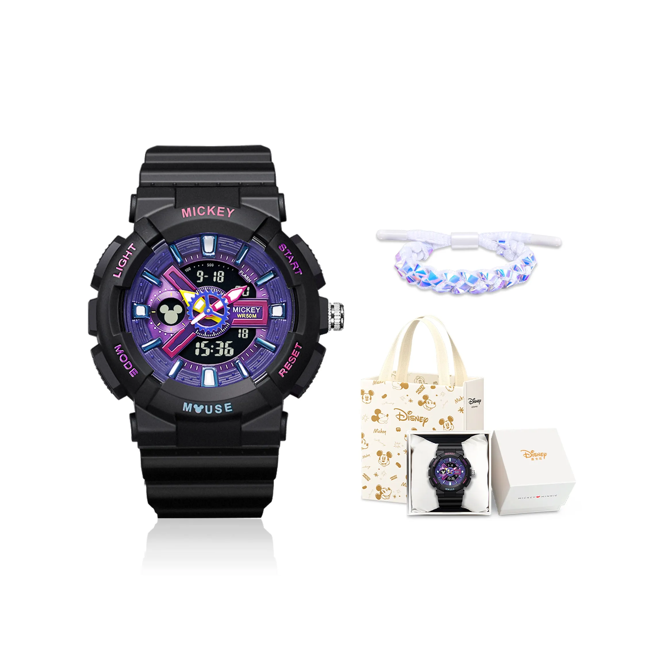 Disney Mickey Наручные часы Электронный + Кварцевый механизм Резиновый ремешок Часы Унисекс Фиолетовый циферблат