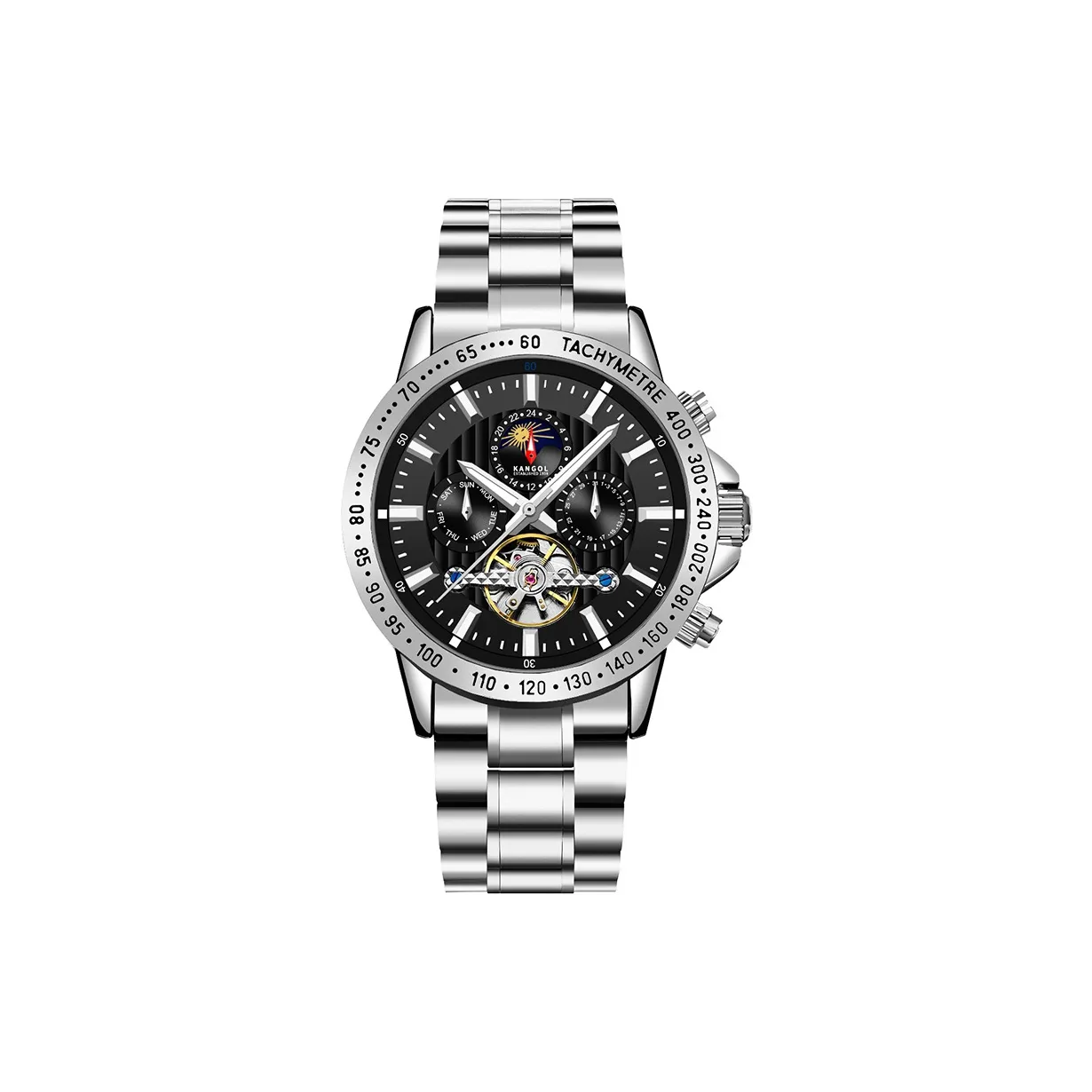 KANGOL Interstellar Series Automatic Mechanical Movement Stainless Steel Strap Watch Men's Watches Black Dial