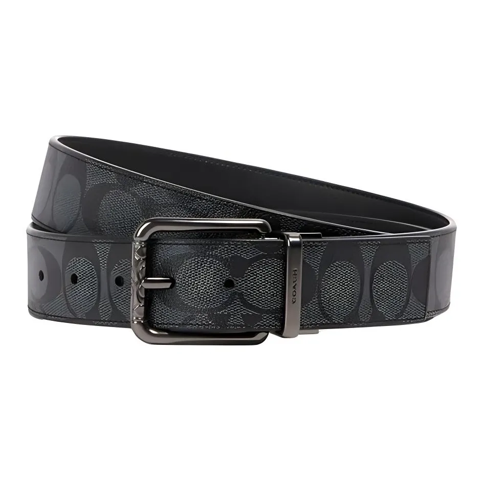 COACH PU Artificial Leather Leather Belts Men's Black Gray Color Willis 3.6cm