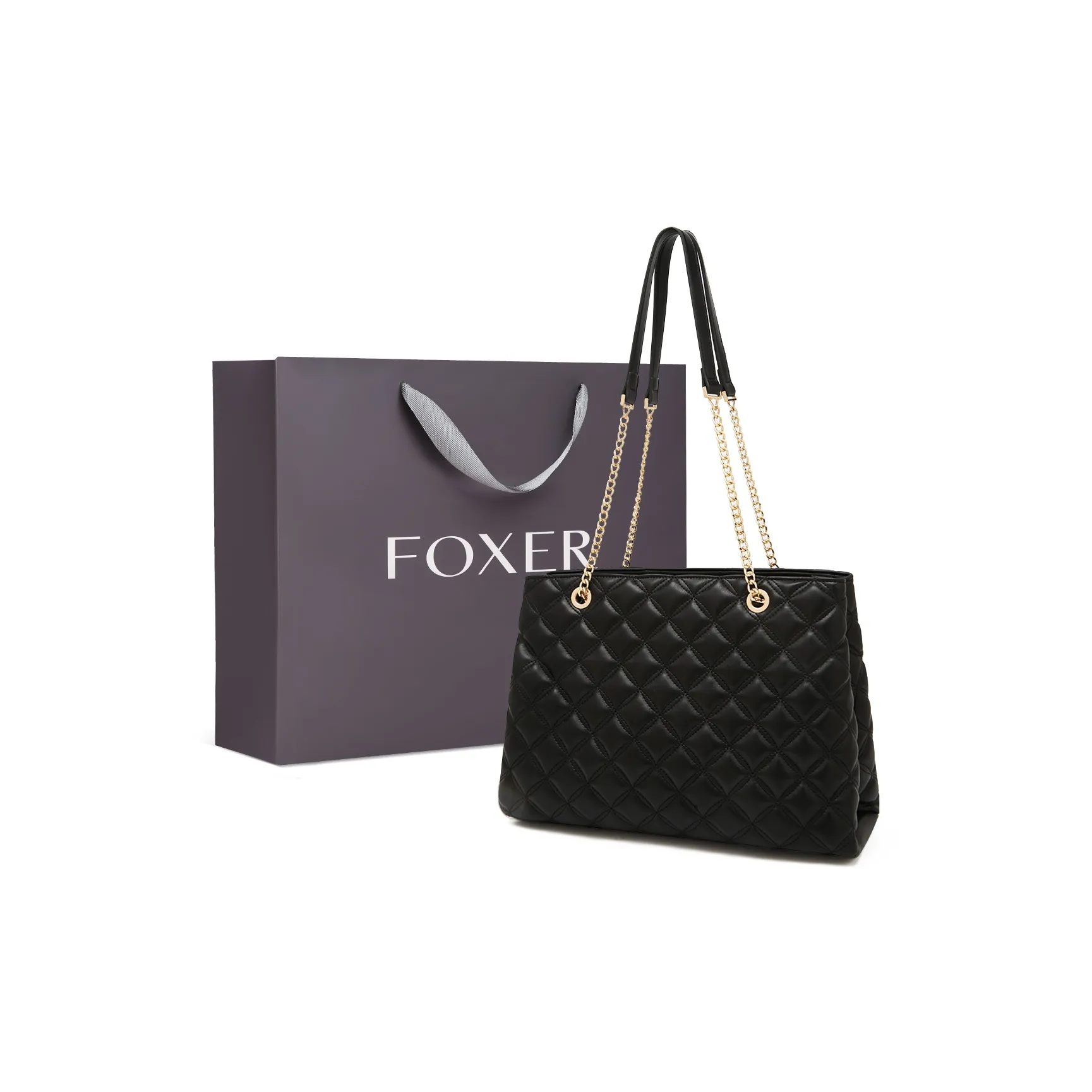 FOXER Cow Leather Zippered Tote Bag Shoulder Bag Regular Women
s Black