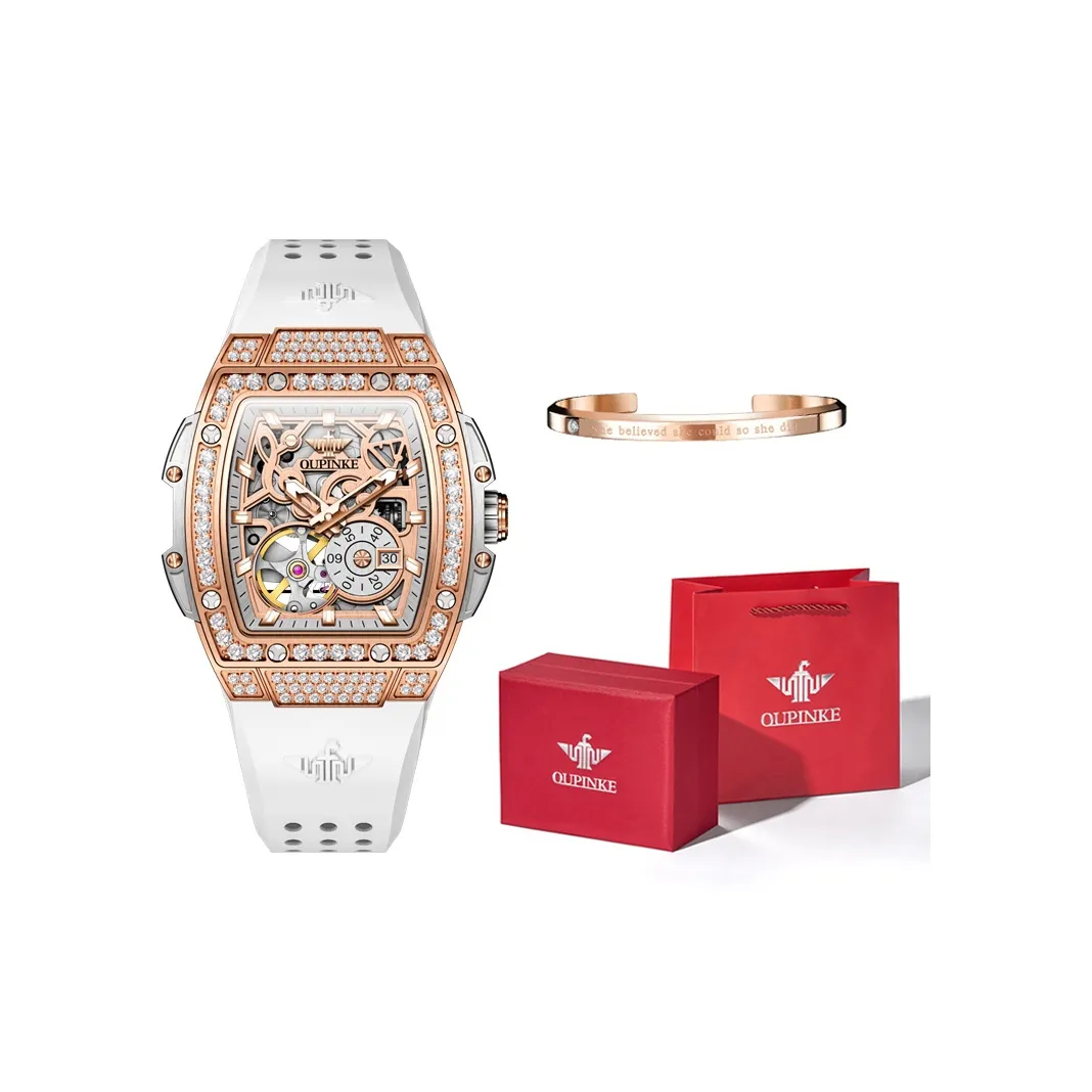 Oupinke Tonneau-Shaped Mechanical Movement Silicone Strap Watch Women's Watch White Dial