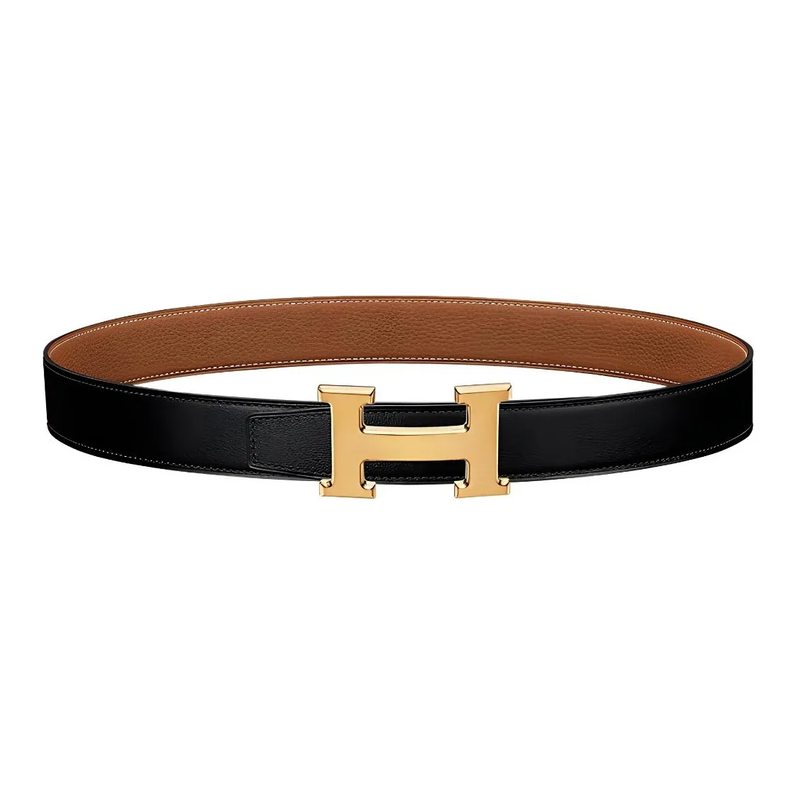 HERMES Togo Calfskin Leather Belts Men's Black/Gold Width  3.2cm
