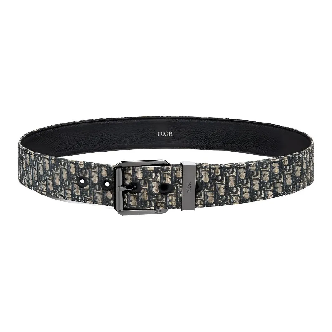 DIOR Metal Leather Belts Men's Black Width 3.5CM