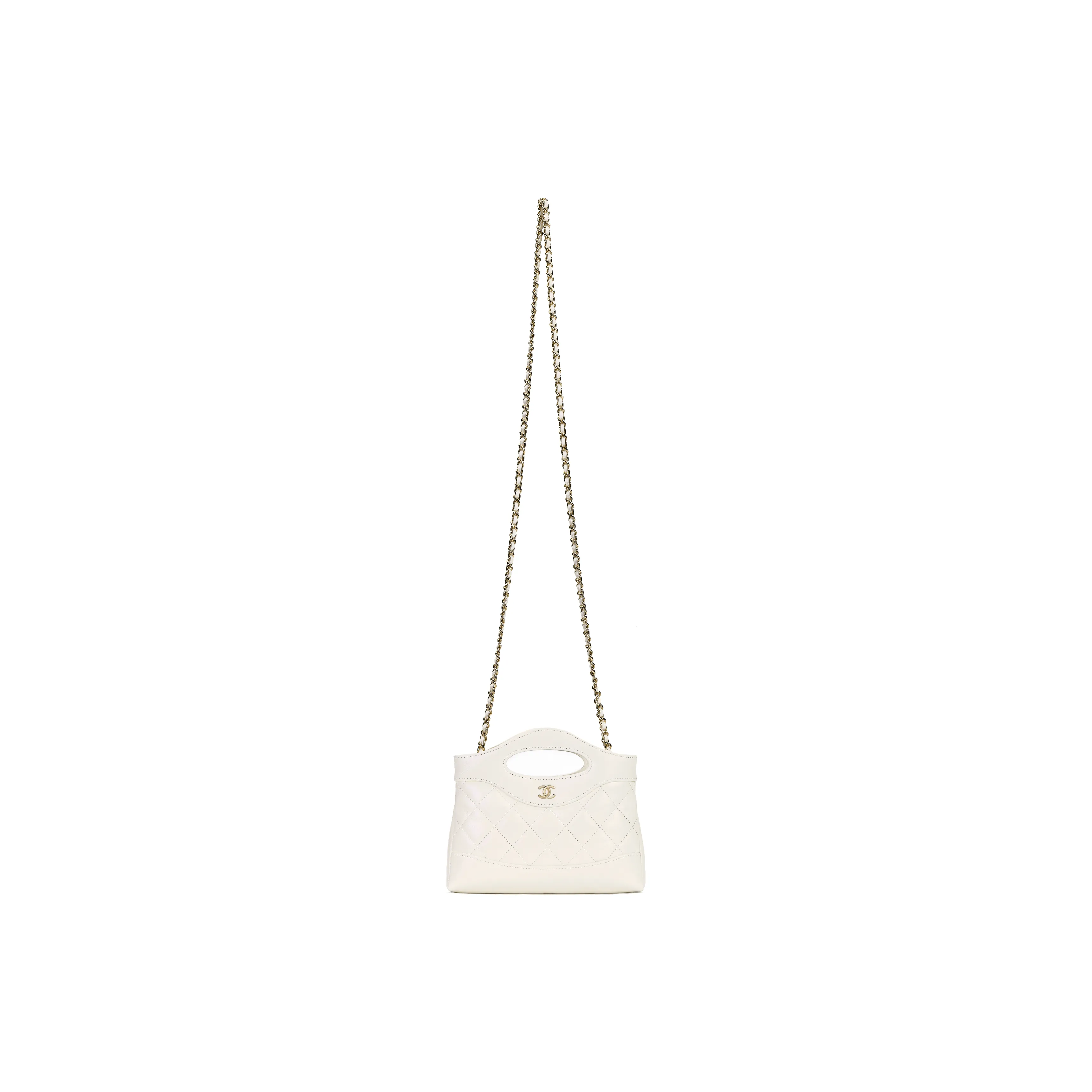CHANEL Polished Lambskin Chain Handbag Shoulder Bag Crossbody Bag Mini Women's White