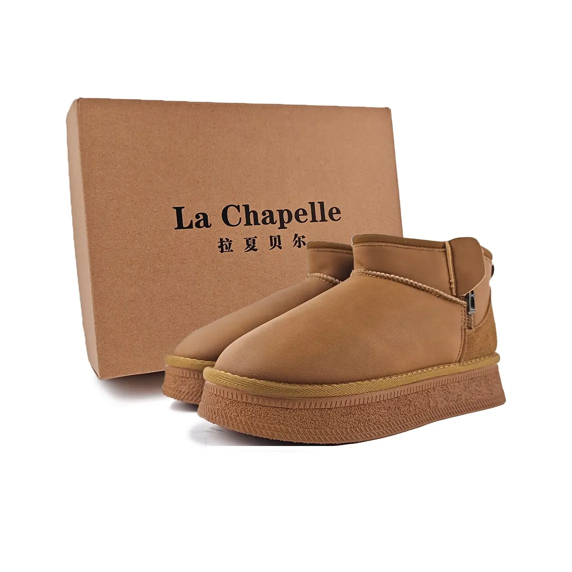 La Chapelle Модный Платформа Хлопок Ботинки Теплоизоляционный Водонепроницаемый Устойчивый к истиранию Короткий Снегокат Женские CAMEL