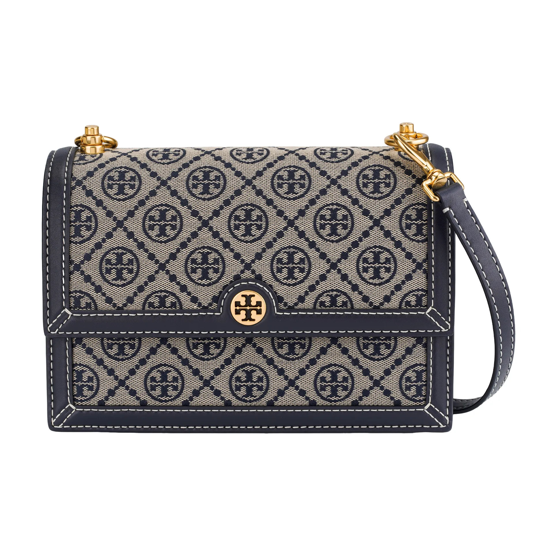TORY BURCH T Monogram Fabric With Leather Crossbody Bag Shoulder Bag Small Size Women's Marine Blue
