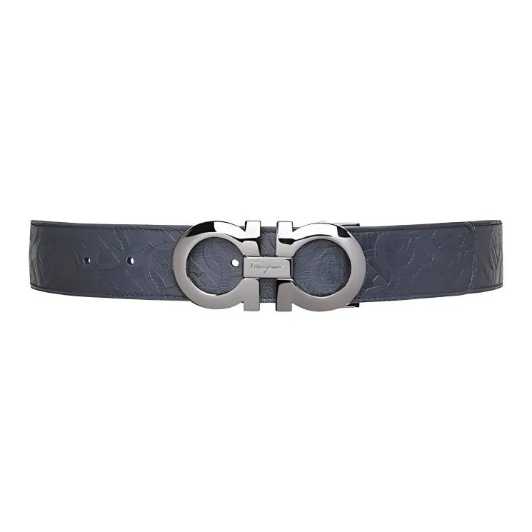 FERRAGAMO Cow Leather Belts Men's Blue And Black Color Scheme Width 3.5cm