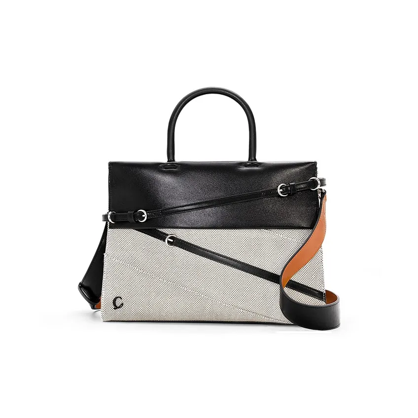 COWEC YCAKI Ткань Застежка Деталь Тоут Эксклюзивный Дизайн Сумка на плечо Сумка Большая Женская Бежевая Белая и Черная