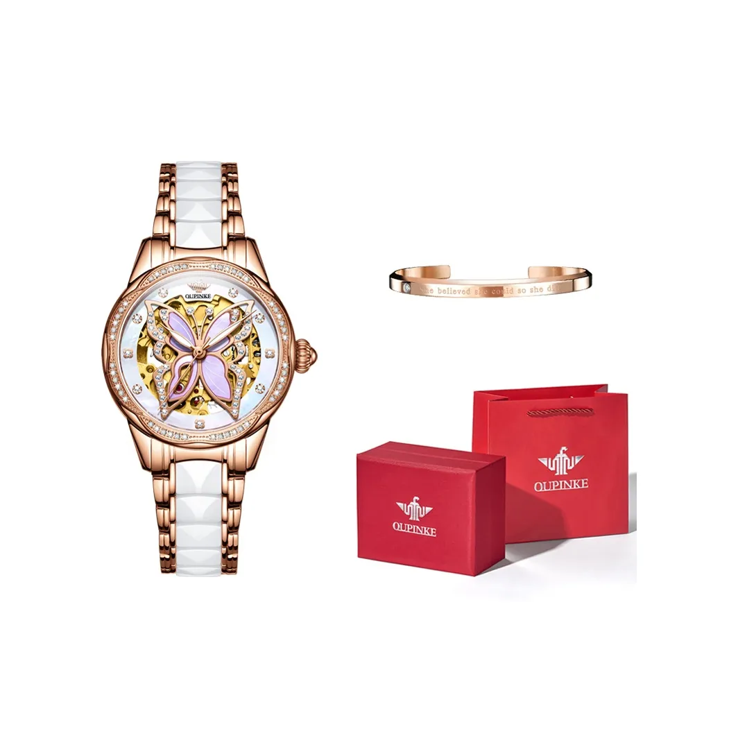Oupinke AIR-BORN Collection Ceramic Rhinestone-Embellished Mechanical Movement Watch Women's Watch White Dial