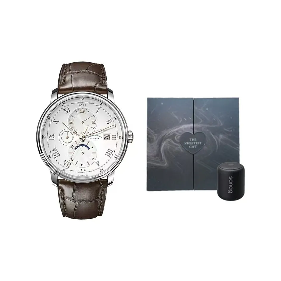 BORMAN Автоматический Механический Механизм Часы из Натуральной Кожи Ремешок Мужские Часы Бежевый Циферблат